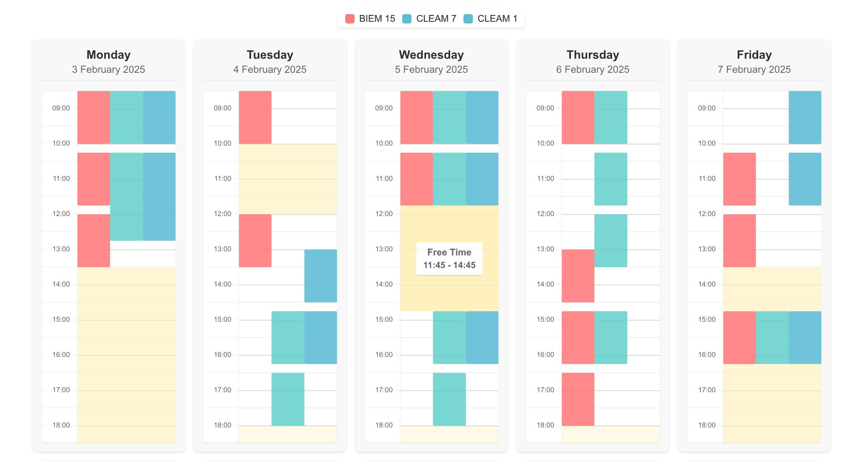 BBreaks timetable showing a weekly schedule with different class times